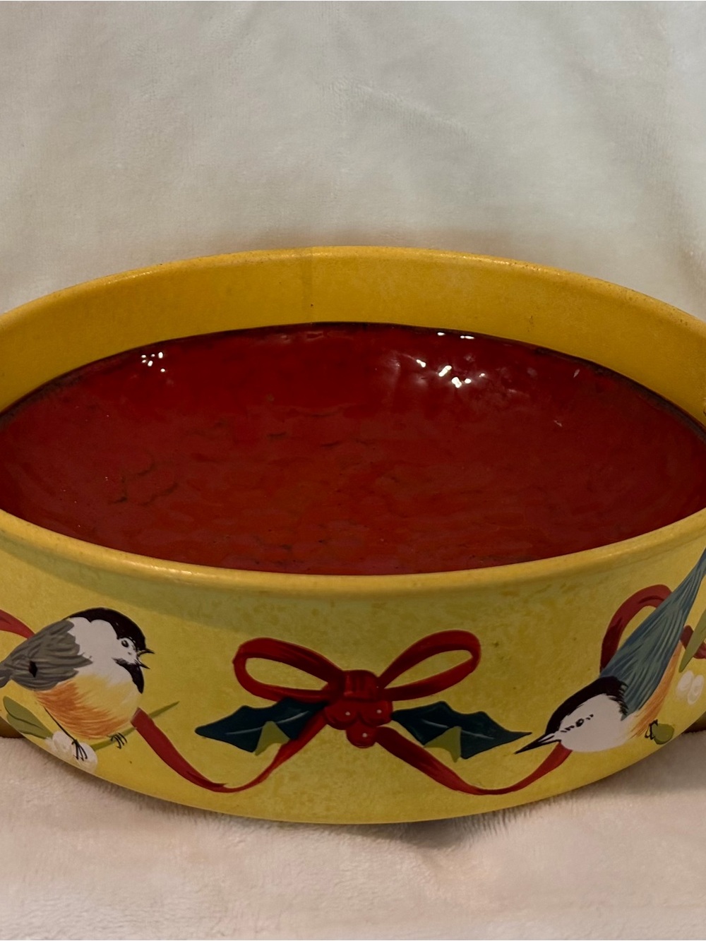 Lenox Winter Greetings Holiday Bird Round Casserole Holder 9 1/2” & Red Bowl